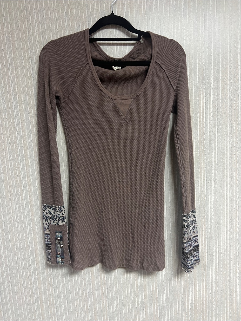 S We The Free Taupe Waffle Knit Long-Sleeve Top with Patterned Cuffs free people
